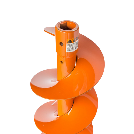 A front view of the Brave 18" Earth Auger Bit, showcasing its large orange spiral flighting and the 1-3/8-inch hexagon driveshaft, ready to be attached to an earth auger.