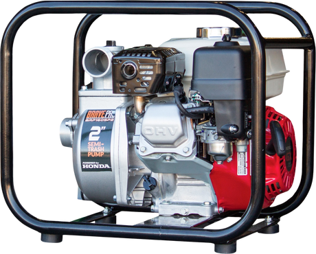 The Brave 2-inch semi-trash pump is shown at an angle against a transparent background, featuring the "Brave Pro 2"" Semi-Trash Pump" label on the silver housing and the red Honda engine.