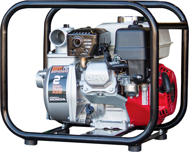 The Brave 2-inch semi-trash pump is shown at an angle against a transparent background, featuring the "Brave Pro 2"" Semi-Trash Pump" label on the silver housing and the red Honda engine.
