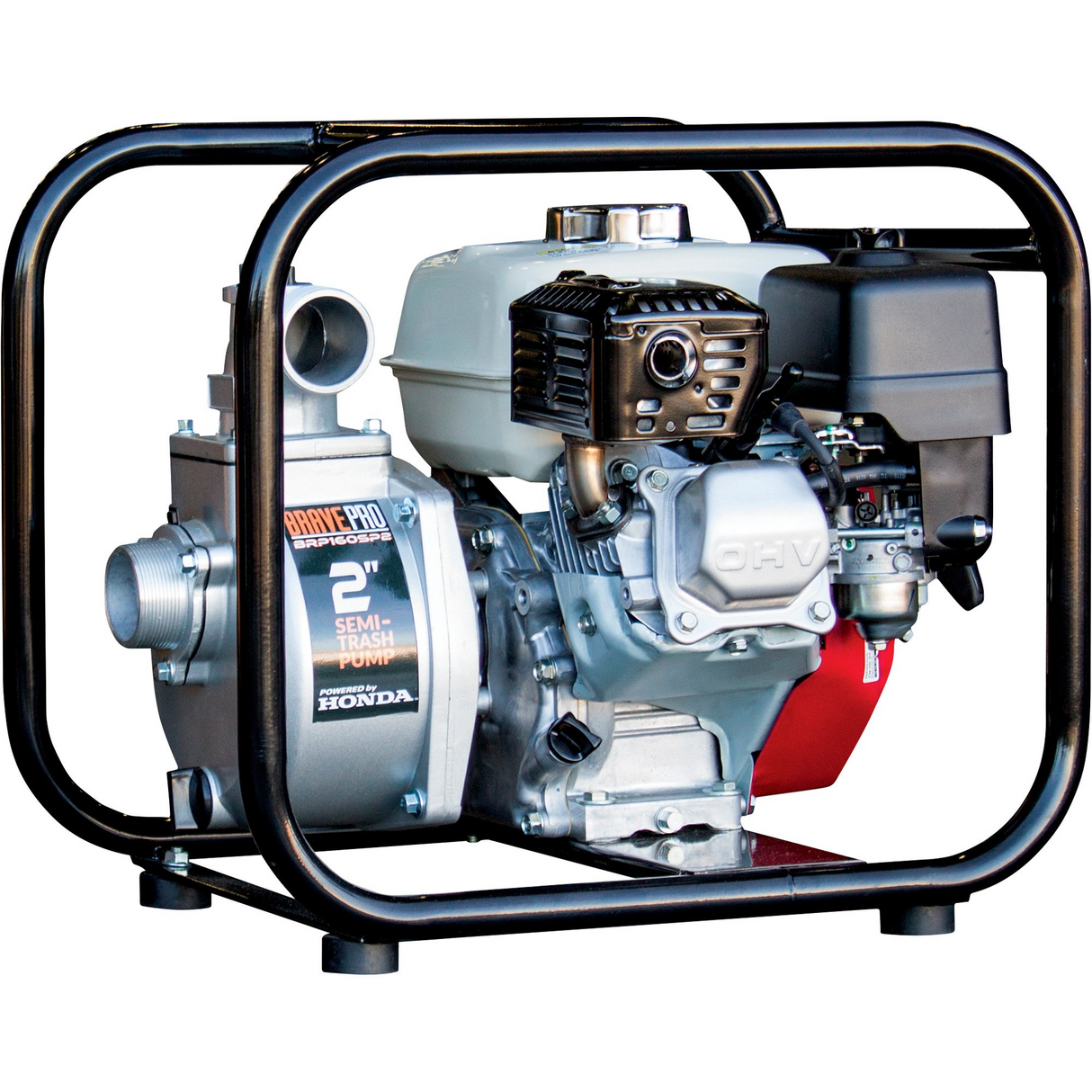 A three-quarter view of the Brave 2-inch semi-trash pump, showcasing the Honda GX160 engine and the pump housing within the protective black steel cage.