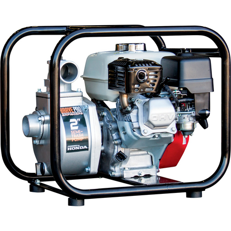 A three-quarter view of the Brave 2-inch semi-trash pump, showcasing the Honda GX160 engine and the pump housing within the protective black steel cage.