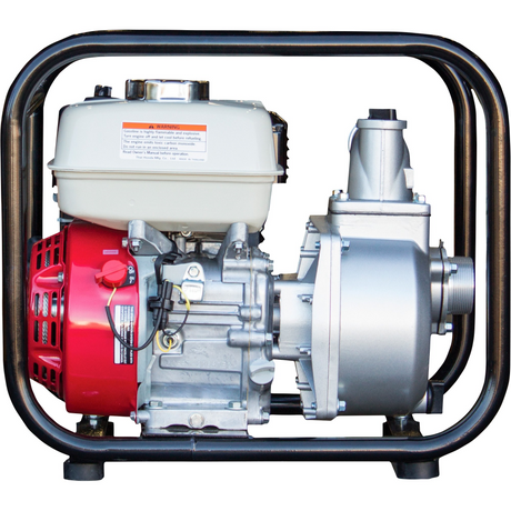 A Brave 2-inch semi-trash pump is shown from the side, highlighting its compact design with a red Honda engine and a silver-colored pump housing. The pump is protected by a black steel cage.