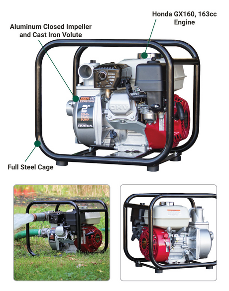 An annotated diagram of the Brave 2-inch semi-trash pump, with callouts pointing to its Full Steel Cage, Honda GX160, 163cc Engine, and Aluminum Closed Impeller and Cast Iron Volute. Two additional smaller photos show the pump in use in an outdoor setting.