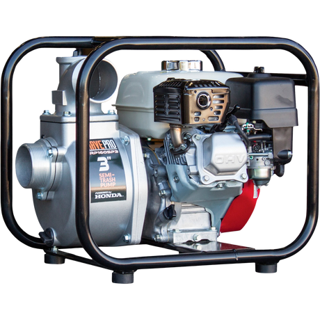 A Brave 3-inch semi-trash pump is shown from a different angle against a transparent background. The pump features a silver housing, a red engine, and is contained within a black, full steel cage.