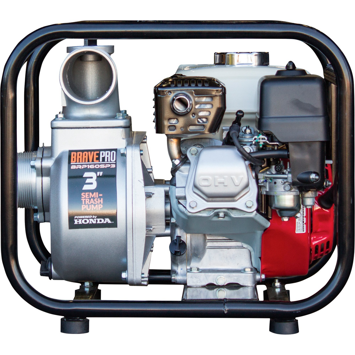 The Brave 3-inch semi-trash pump is viewed from the front, showing the "Brave Pro" and "3" Semi-Trash Pump" decals on the silver pump housing. A Honda engine is visible behind the pump.