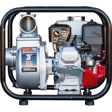 The Brave 3-inch semi-trash pump is viewed from the front, showing the "Brave Pro" and "3" Semi-Trash Pump" decals on the silver pump housing. A Honda engine is visible behind the pump.