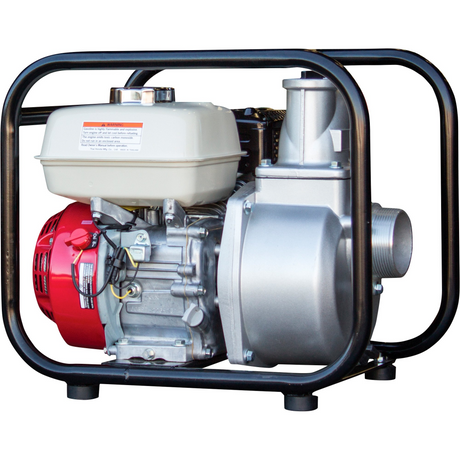 A Brave 3-inch semi-trash pump is shown from the side, highlighting its silver pump housing and red engine. The pump sits within a durable black steel cage, ready for use.