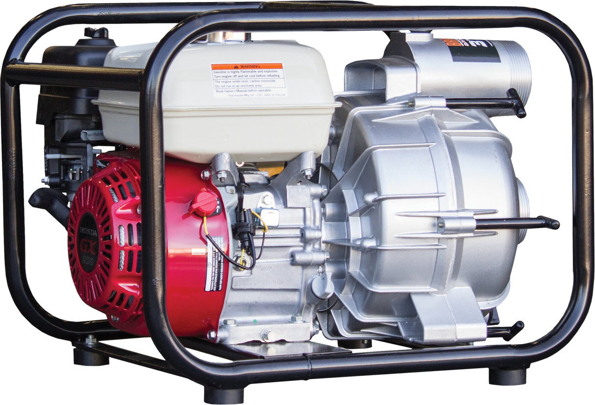 The Brave 3-inch trash pump with a red engine and silver pump, on a black frame with the background removed.