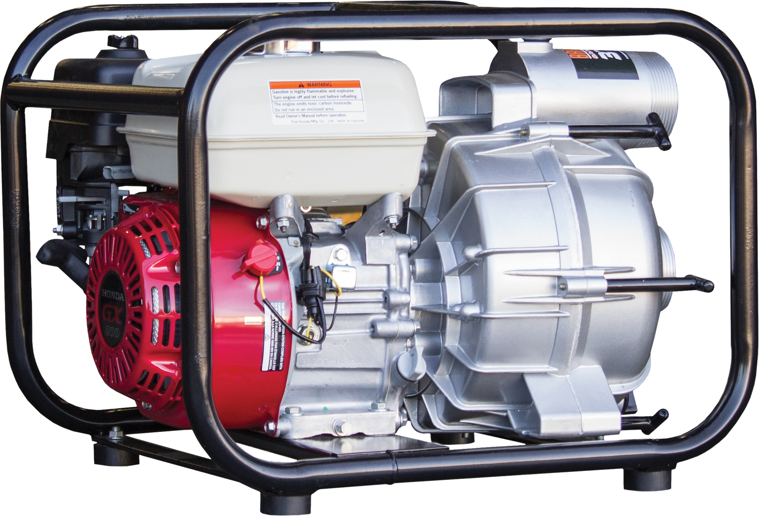 The Brave 3-inch trash pump with a red engine and silver pump, on a black frame with the background removed.