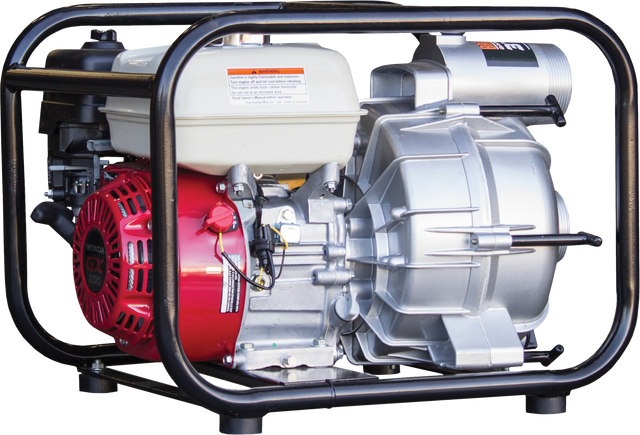 The Brave 3-inch trash pump with a red engine and silver pump, on a black frame with the background removed.