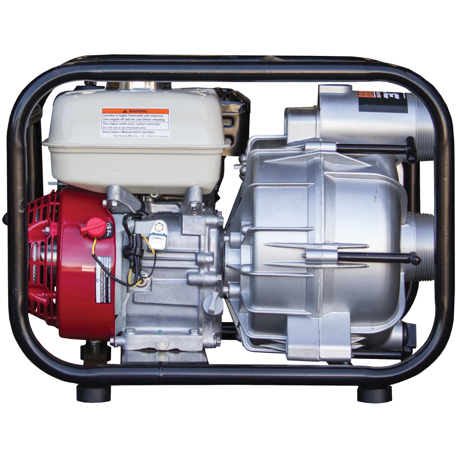 The Brave 3-inch trash pump with a red engine and silver pump, secured by a black metal frame.