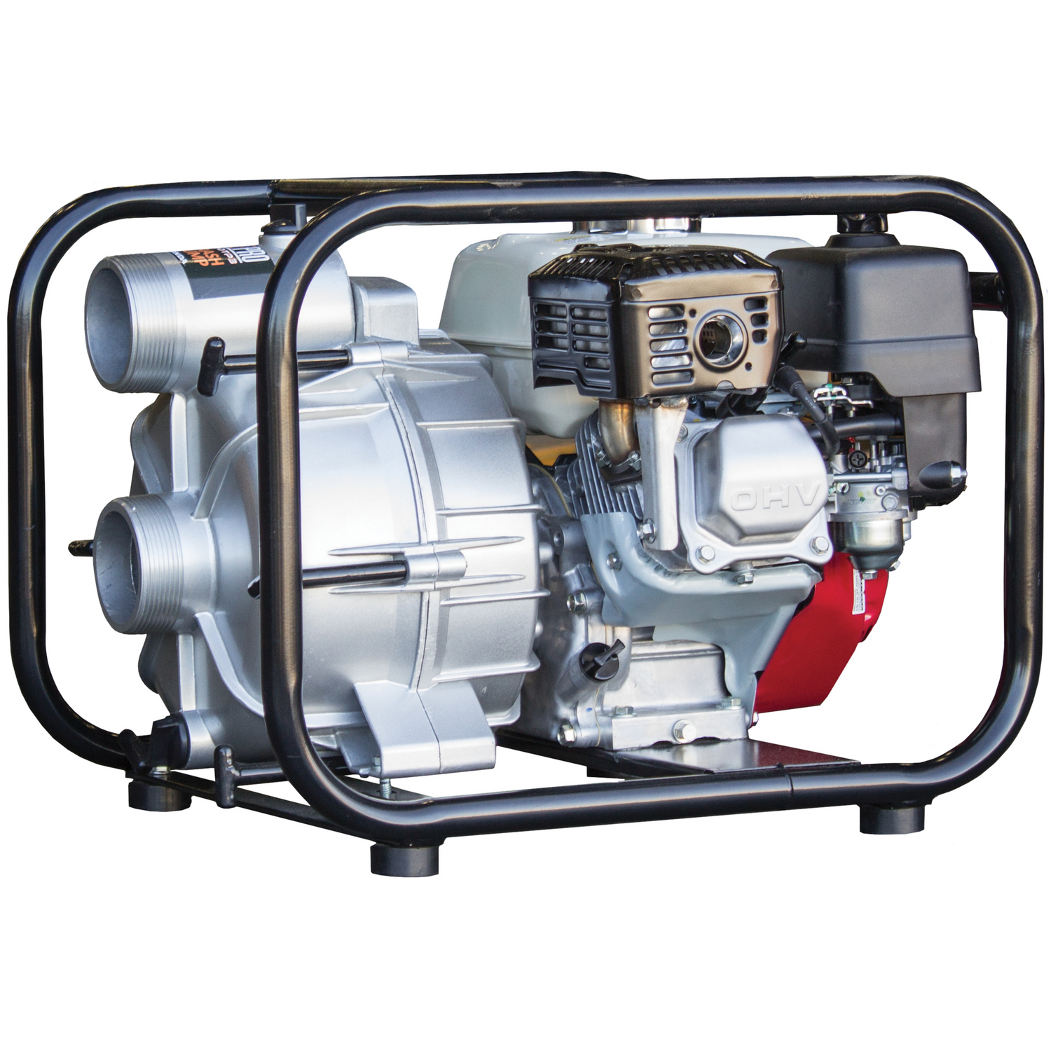 A Brave 3-inch trash pump with a silver pump and red engine, shown from a front-left view.