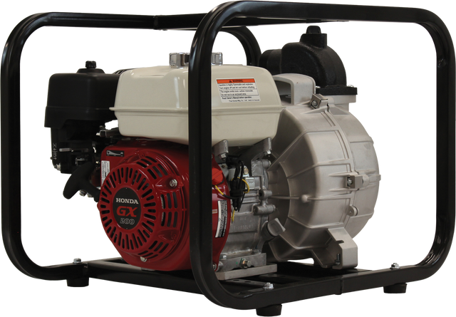 An angled view of the Brave 2-inch commercial-grade trash pump against a transparent background. The red Honda GX160 engine and the gray pump housing are visible, along with the 2"" TRASH PUMP text on a sticker.