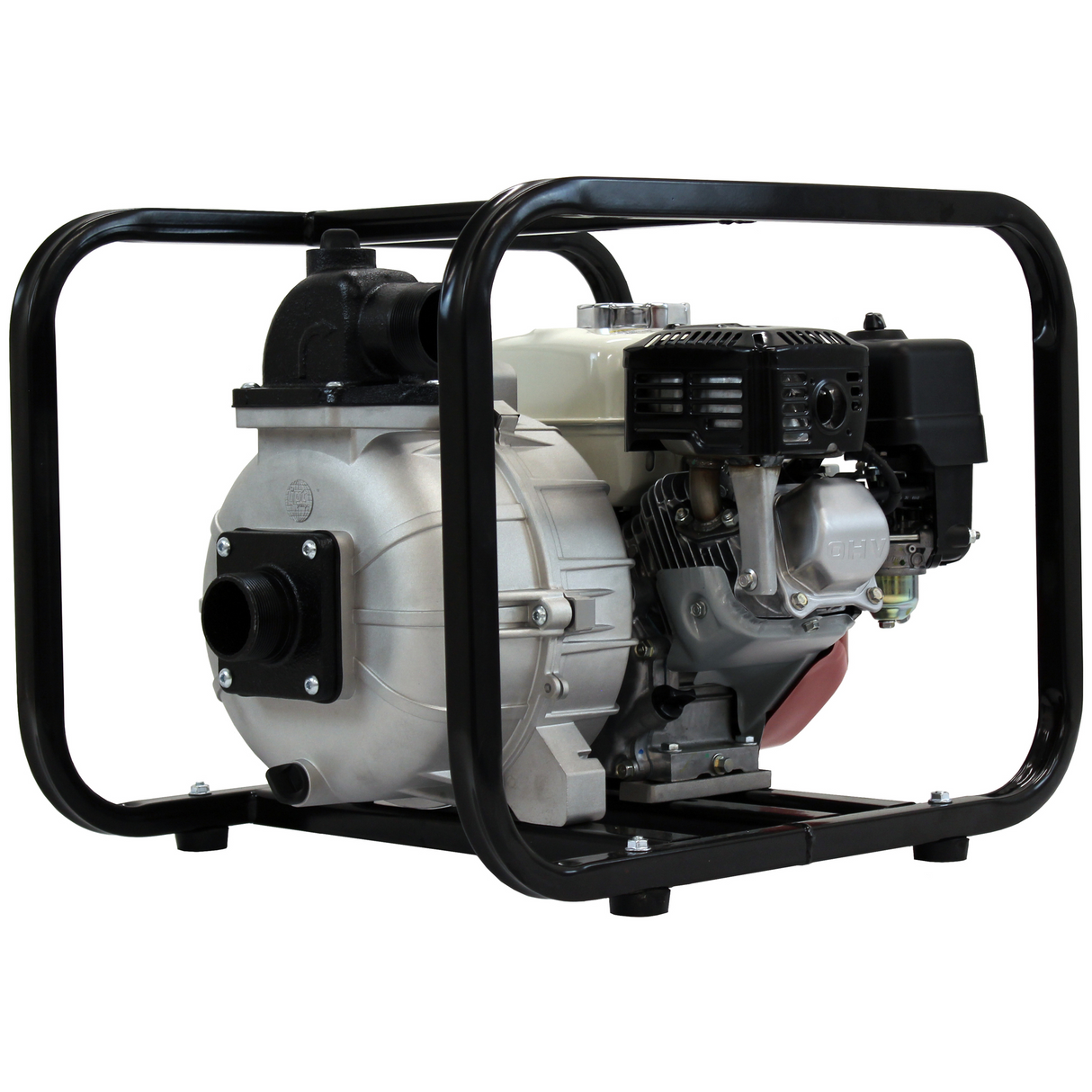 A three-quarter view of the Brave 2-inch commercial-grade trash pump, highlighting its gray pump housing and the red Honda GX160 engine within a black steel cage.
