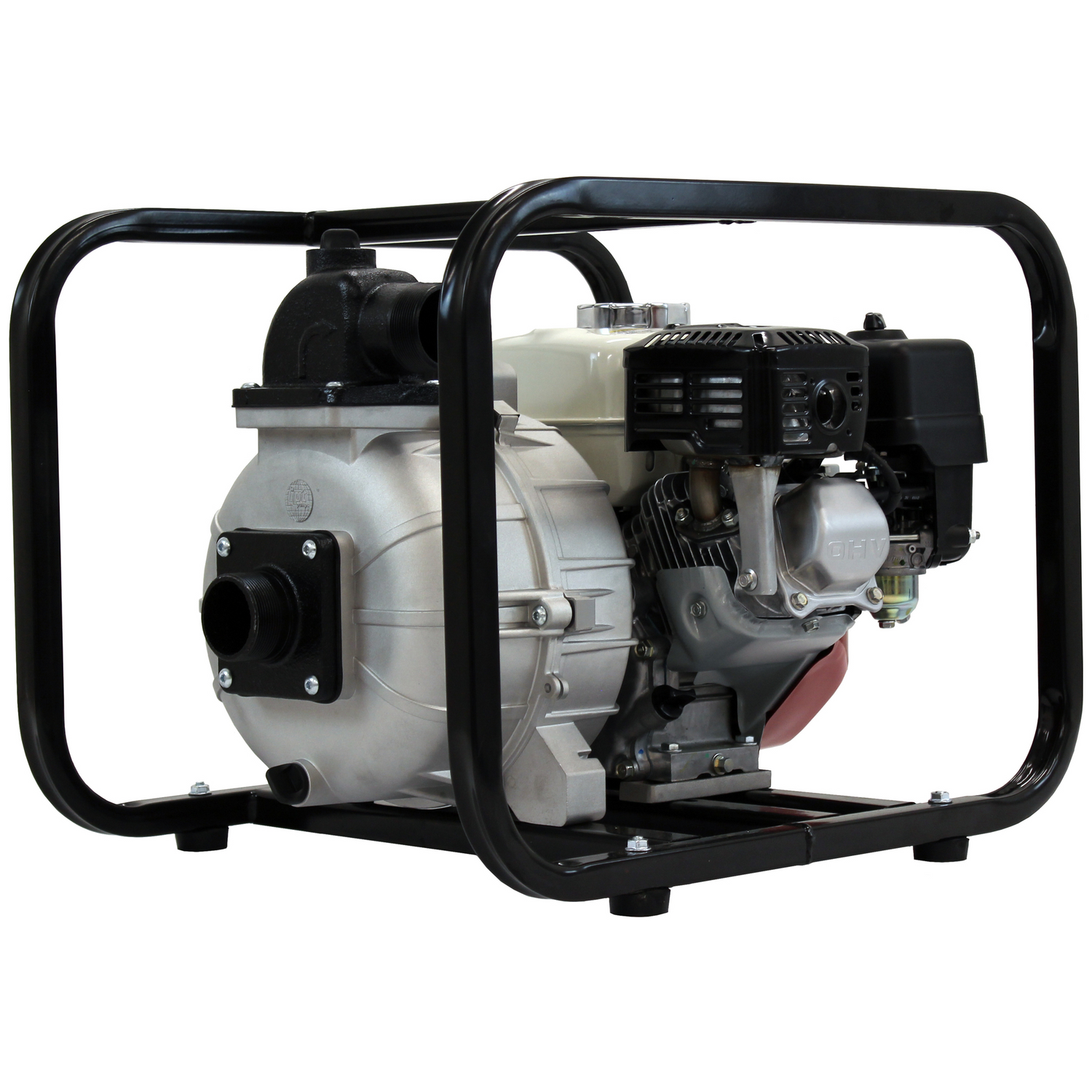 A three-quarter view of the Brave 2-inch commercial-grade trash pump, highlighting its gray pump housing and the red Honda GX160 engine within a black steel cage.