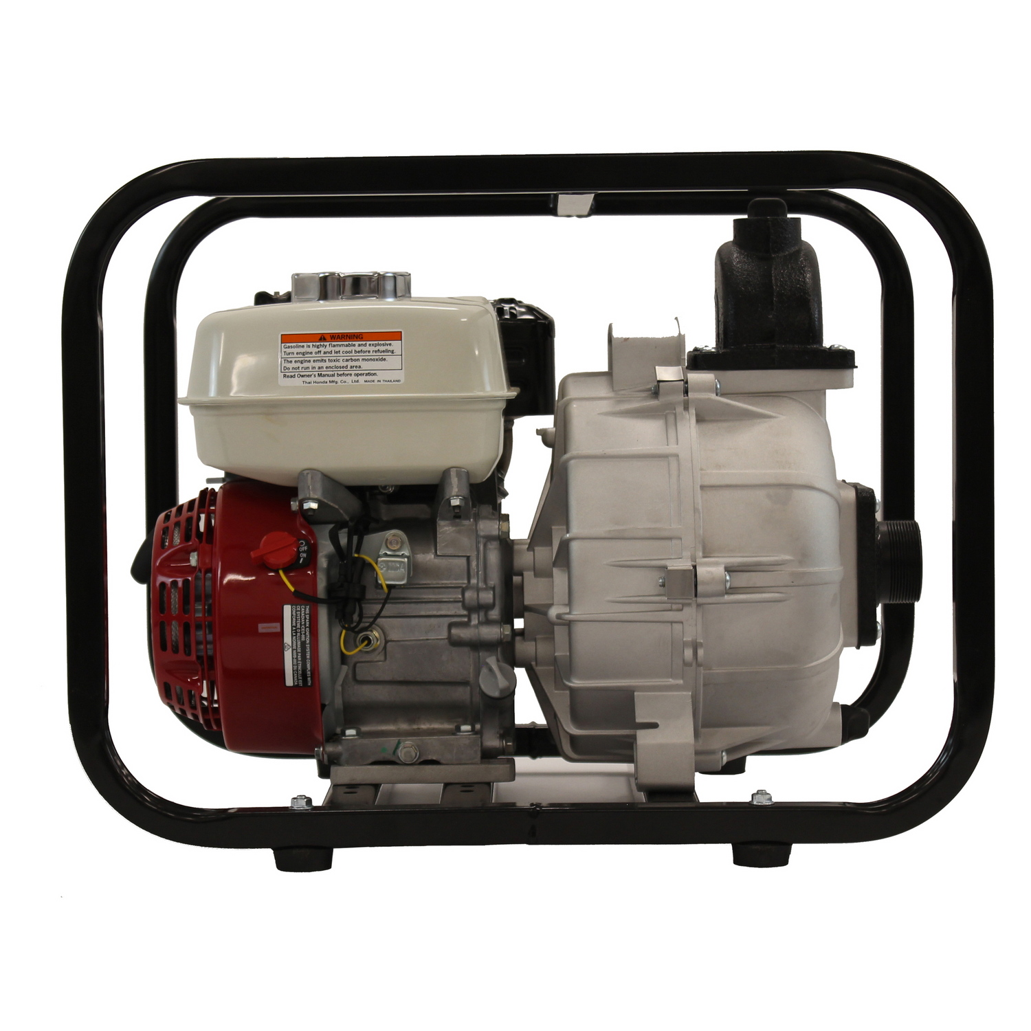 A side view of the Brave 2-inch commercial-grade trash pump, showcasing the black steel cage, the red engine, and the gray pump housing with its inlet and outlet ports.