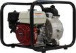 The Brave 3-inch commercial-grade trash pump is shown at an angle, featuring a red Honda GX engine and a beige-colored pump housing. The pump is secured within a black steel cage against a transparent background.