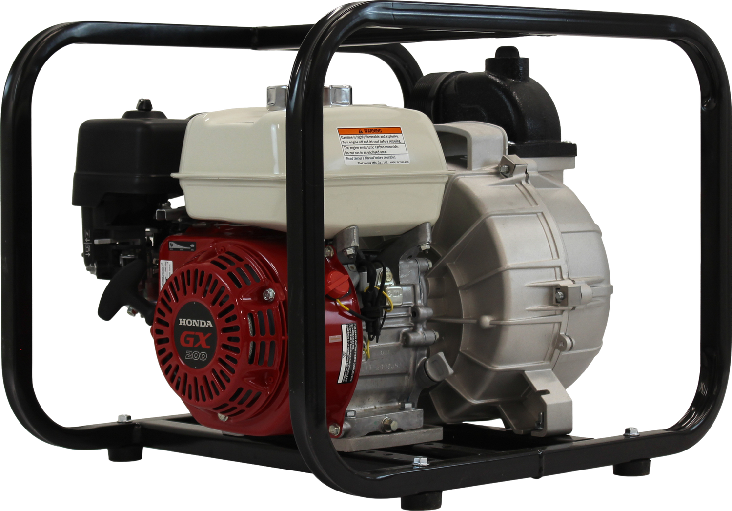 The Brave 3-inch commercial-grade trash pump is shown at an angle, featuring a red Honda GX engine and a beige-colored pump housing. The pump is secured within a black steel cage against a transparent background.