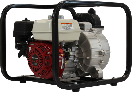 The Brave 3-inch commercial-grade trash pump is shown at an angle, featuring a red Honda GX engine and a beige-colored pump housing. The pump is secured within a black steel cage against a transparent background.