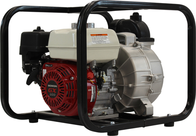 The Brave 3-inch commercial-grade trash pump is shown at an angle, featuring a red Honda GX engine and a beige-colored pump housing. The pump is secured within a black steel cage against a transparent background.