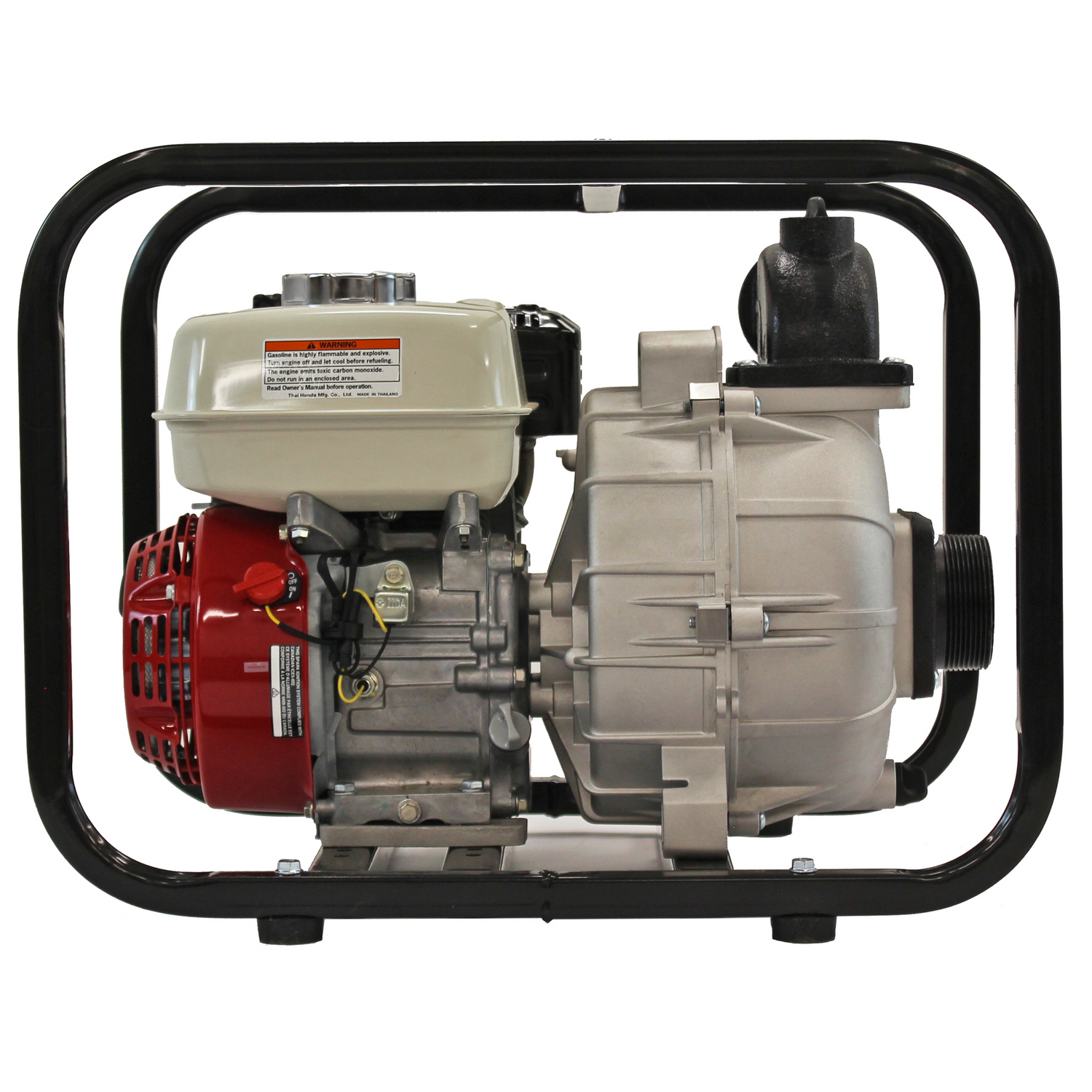 A side view of the Brave 3-inch commercial-grade trash pump, showcasing the beige pump housing, the red Honda engine, and the black steel cage that provides a durable frame.