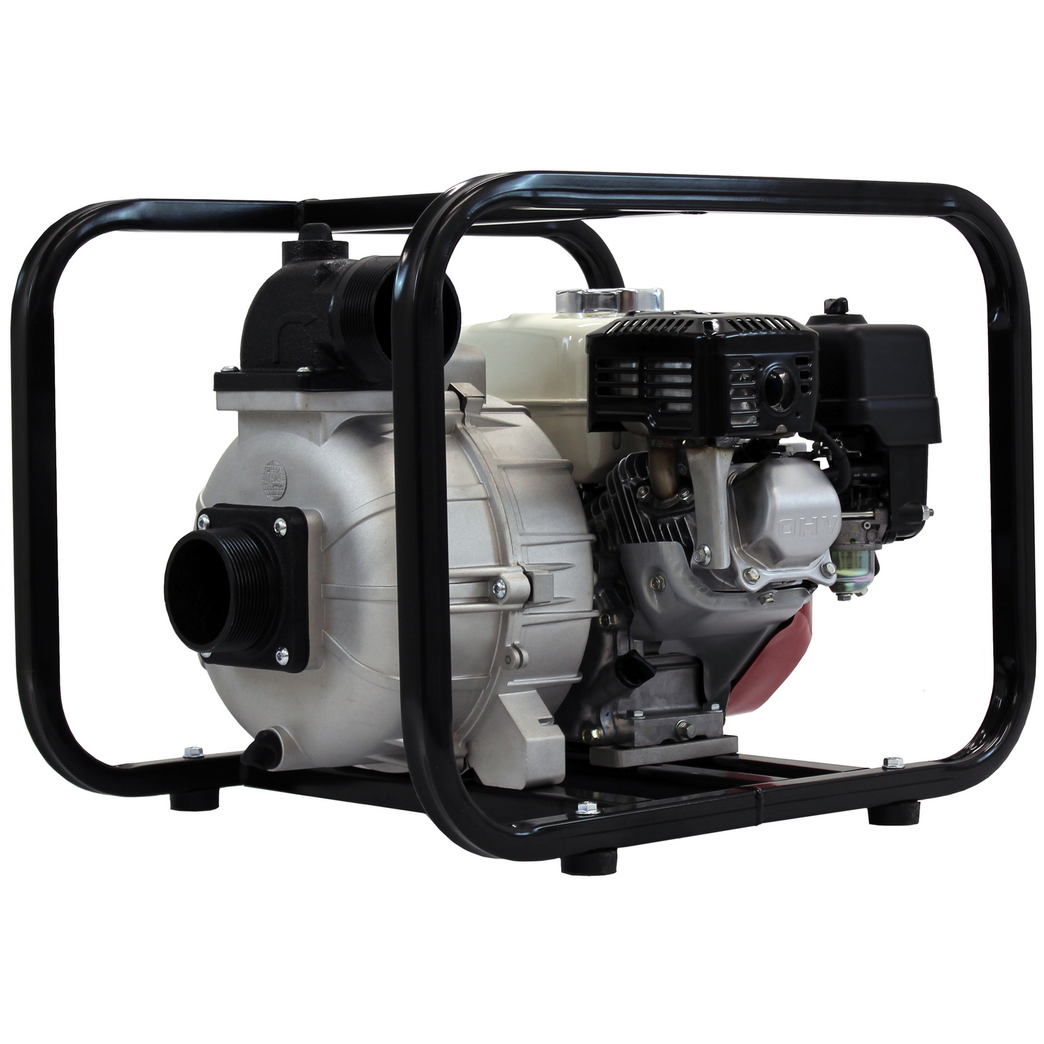 A three-quarter view of the Brave 3-inch commercial-grade trash pump, highlighting its compact design with the pump housing and engine mounted side-by-side within the protective black steel frame.
