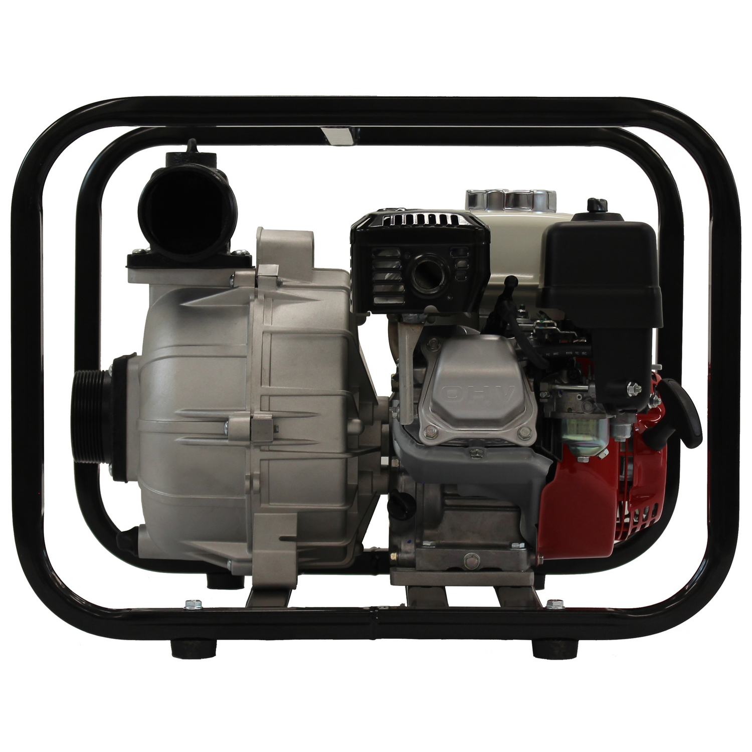 A rear view of the Brave 3-inch commercial-grade trash pump, showing the silver pump housing and the engine protected by a black steel frame.