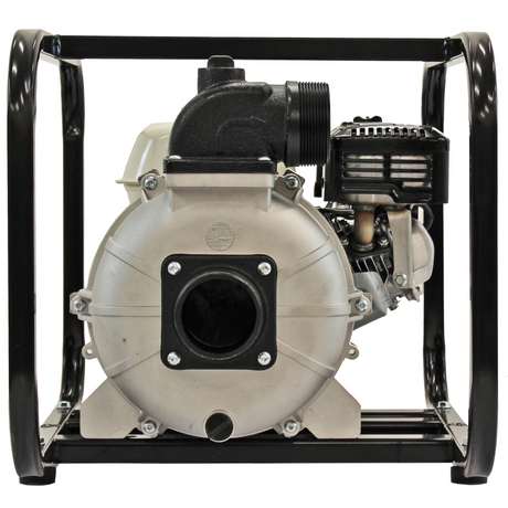 A frontal view of the Brave 3-inch commercial-grade trash pump, clearly showing the large, round intake port on the silver-colored pump housing and the black exhaust pipe. The pump is encased in a black steel frame.