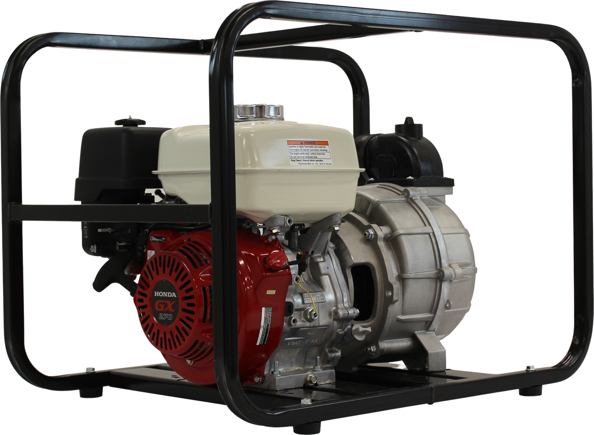 Three-quarter view of the Brave 3-Inch Commercial-Grade Trash Pump, showing its entire structure with the durable black frame and the commercial-grade pump.