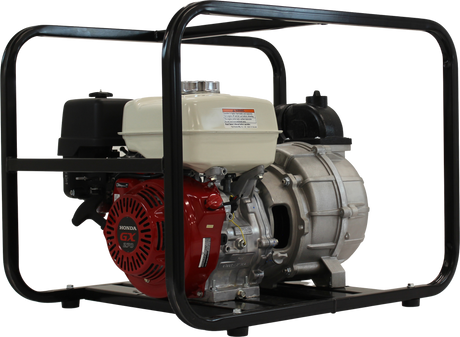 Three-quarter view of the Brave 3-Inch Commercial-Grade Trash Pump, showing its entire structure with the durable black frame and the commercial-grade pump.