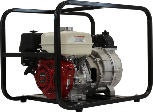 Three-quarter view of the Brave 3-Inch Commercial-Grade Trash Pump, showing its entire structure with the durable black frame and the commercial-grade pump.