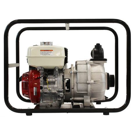 Side view of the Brave 3-Inch Commercial-Grade Trash Pump, showcasing its compact, portable design with the pump and engine mounted within the black frame.
