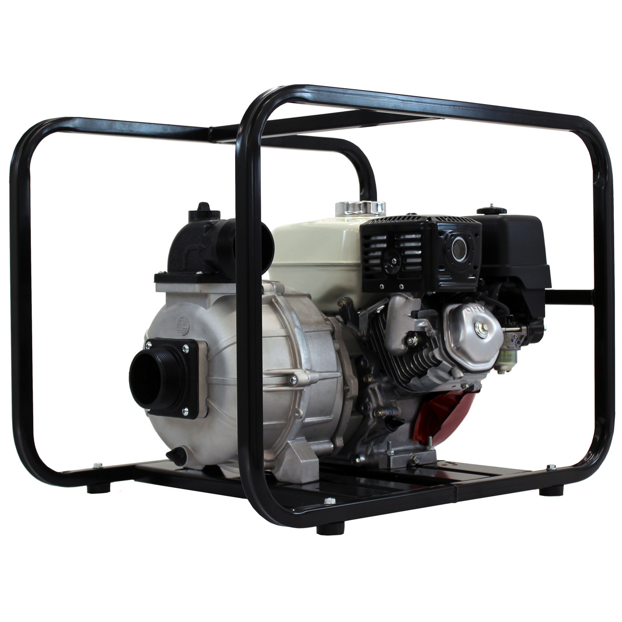 Angled side view of the Brave 3-Inch Commercial-Grade Trash Pump, showing the white and red engine, a black metal frame, and the silver pump housing.