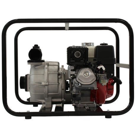 Full side view of the Brave 3-Inch Commercial-Grade Trash Pump, highlighting the engine and pump unit, enclosed within the portable, black metal frame.
