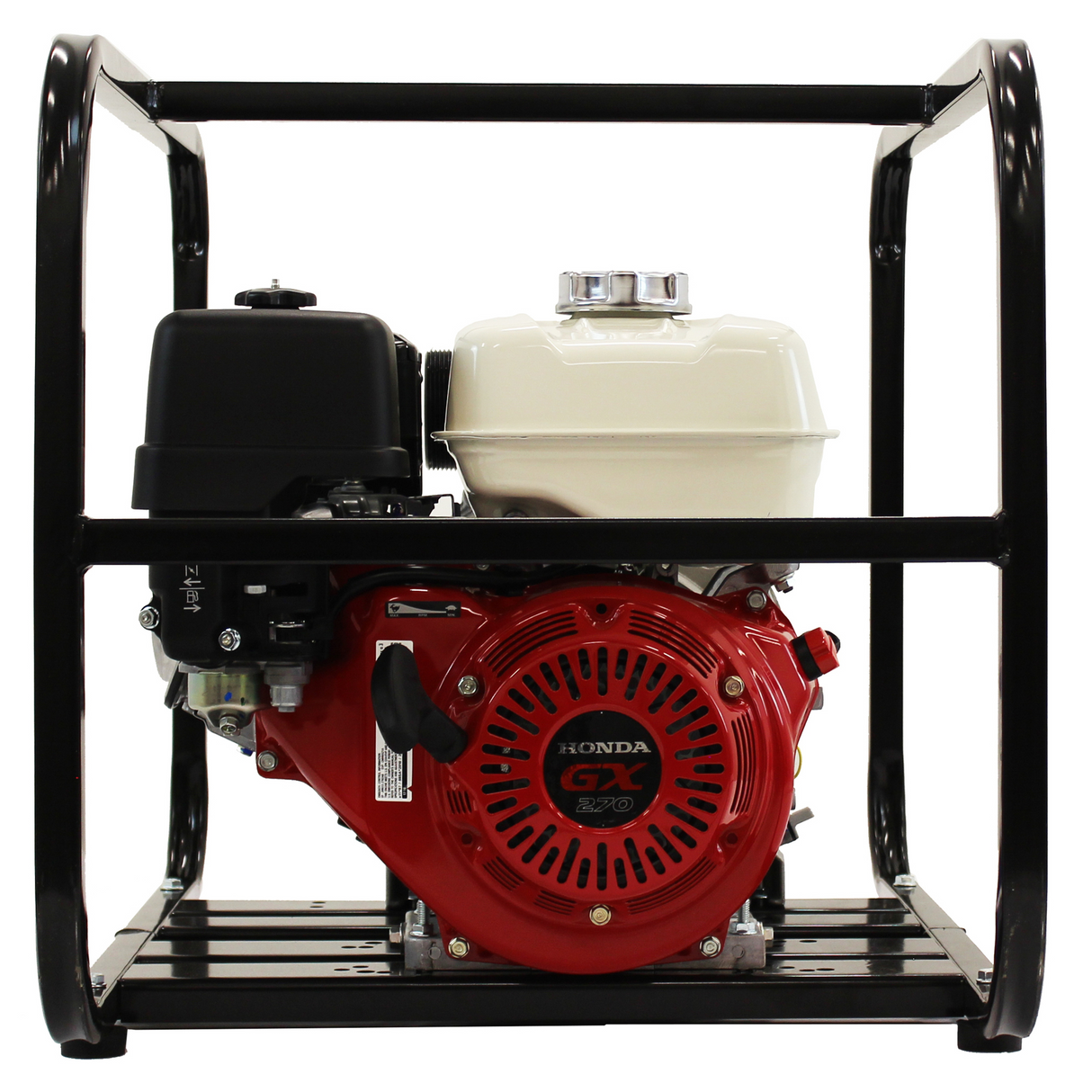 Front view of the Brave 3-Inch Commercial-Grade Trash Pump, focusing on the powerful red Honda GX engine and the durable steel frame.