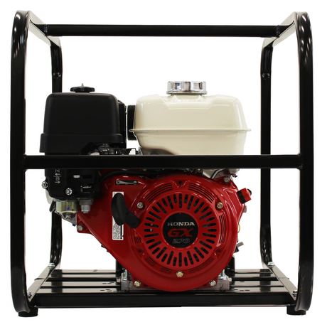 Front view of the Brave 3-Inch Commercial-Grade Trash Pump, focusing on the powerful red Honda GX engine and the durable steel frame.