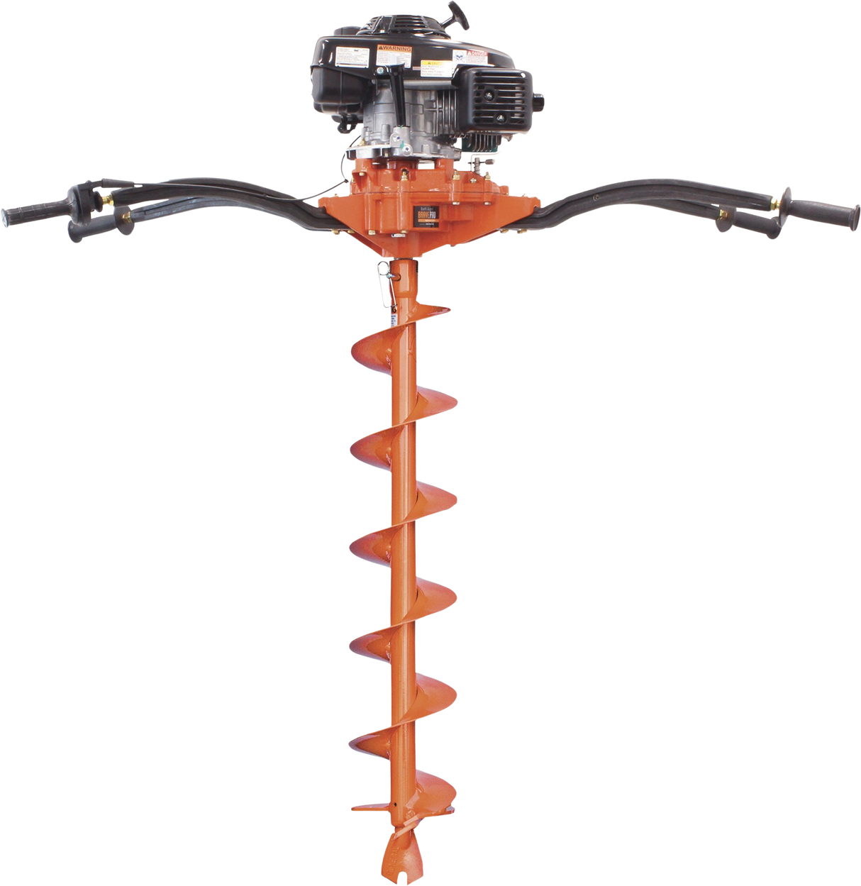 Full view of the Brave Two-Person Earth Auger, showing the black handles and the orange-colored gear case and auger bit against a transparent background.