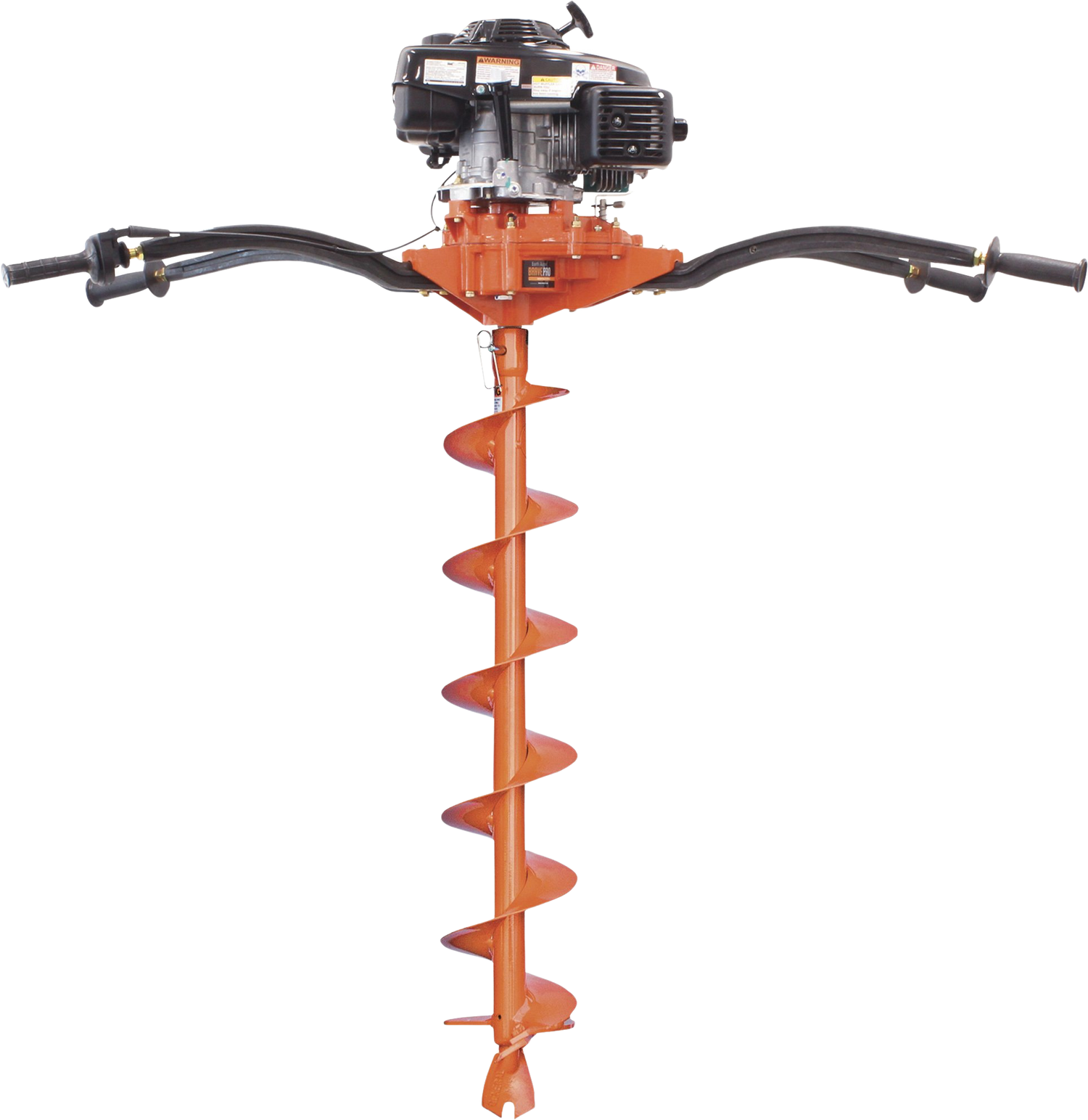 Full view of the Brave Two-Person Earth Auger, showing the black handles and the orange-colored gear case and auger bit against a transparent background.