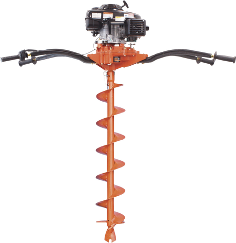 Full view of the Brave Two-Person Earth Auger, showing the black handles and the orange-colored gear case and auger bit against a transparent background.