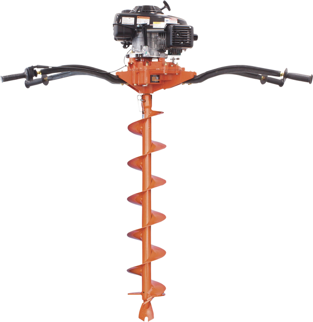 Full view of the Brave Two-Person Earth Auger, showing the black handles and the orange-colored gear case and auger bit against a transparent background.