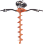 Full view of the Brave Two-Person Earth Auger, showing the black handles and the orange-colored gear case and auger bit against a transparent background.