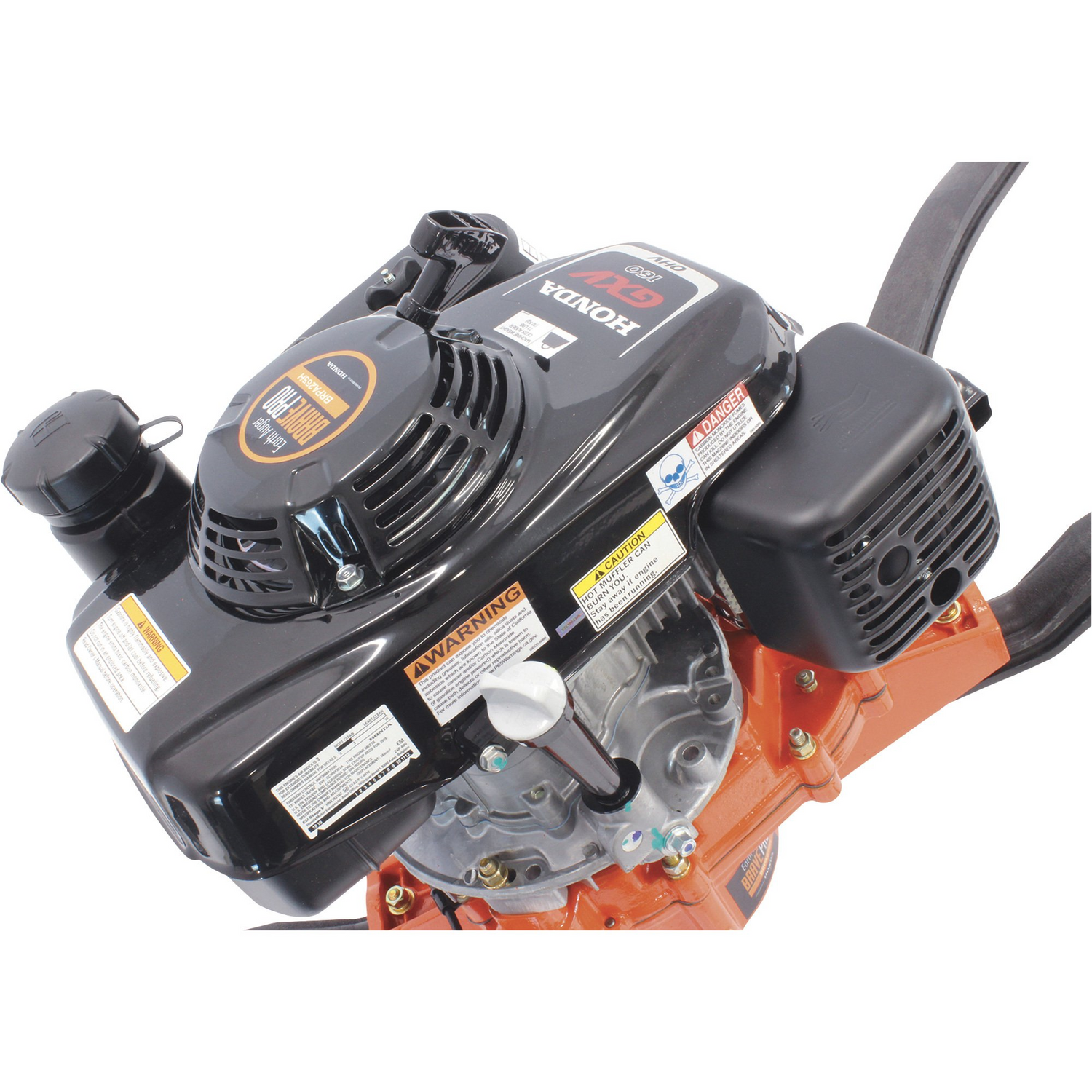 Angled close-up of the Brave Two-Person Earth Auger engine, showing the black Honda unit, warning labels, and the start of the orange gear case.