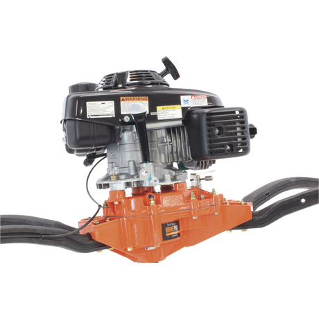 Side view of the Brave Two-Person Earth Auger, showing the black Honda engine, orange gear case, and handles, designed for two-person use.