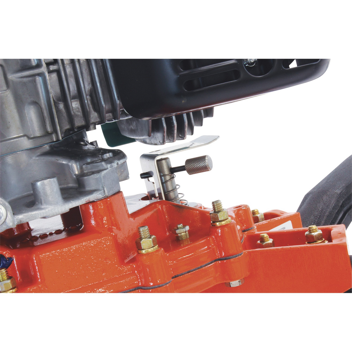 Close-up of the orange gear case on the Brave Two-Person Earth Auger, showing the hex driveshaft connection point and bolts, which is where the auger bit is attached.