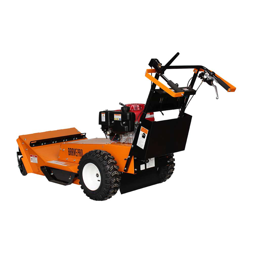 A three-quarter front view of the Brave 26-inch hydrostatic drive brush cutter, showcasing the front wheels and the cutting deck.