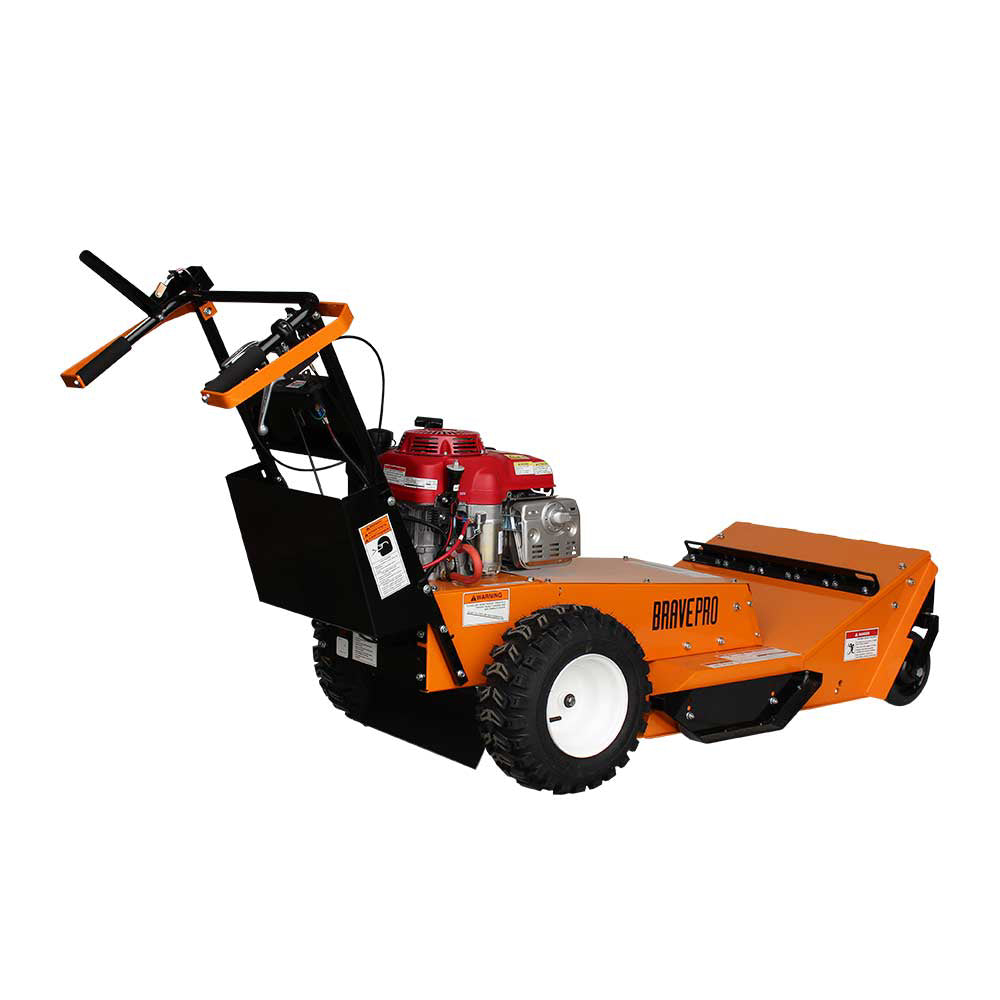 A three-quarter rear view of the Brave 26-inch hydrostatic drive brush cutter, highlighting the engine and the rear wheels on a white background.