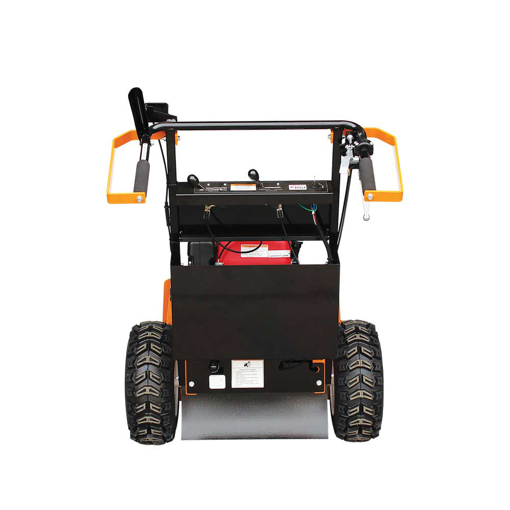 A rear view of the Brave 26-inch hydrostatic drive brush cutter with a Honda GXV390 engine, showing the handlebar controls and the tires.