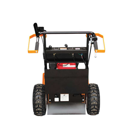 A rear view of the Brave 26-inch hydrostatic drive brush cutter with a Honda GXV390 engine, showing the handlebar controls and the tires.