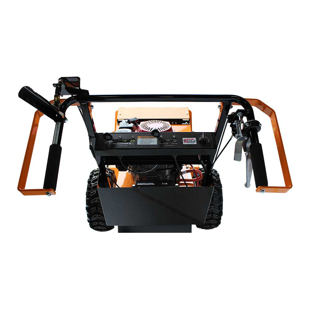 A front view of the Brave 26-inch brush cutter, showing the protective blade cover, front wheels, and handle grips.