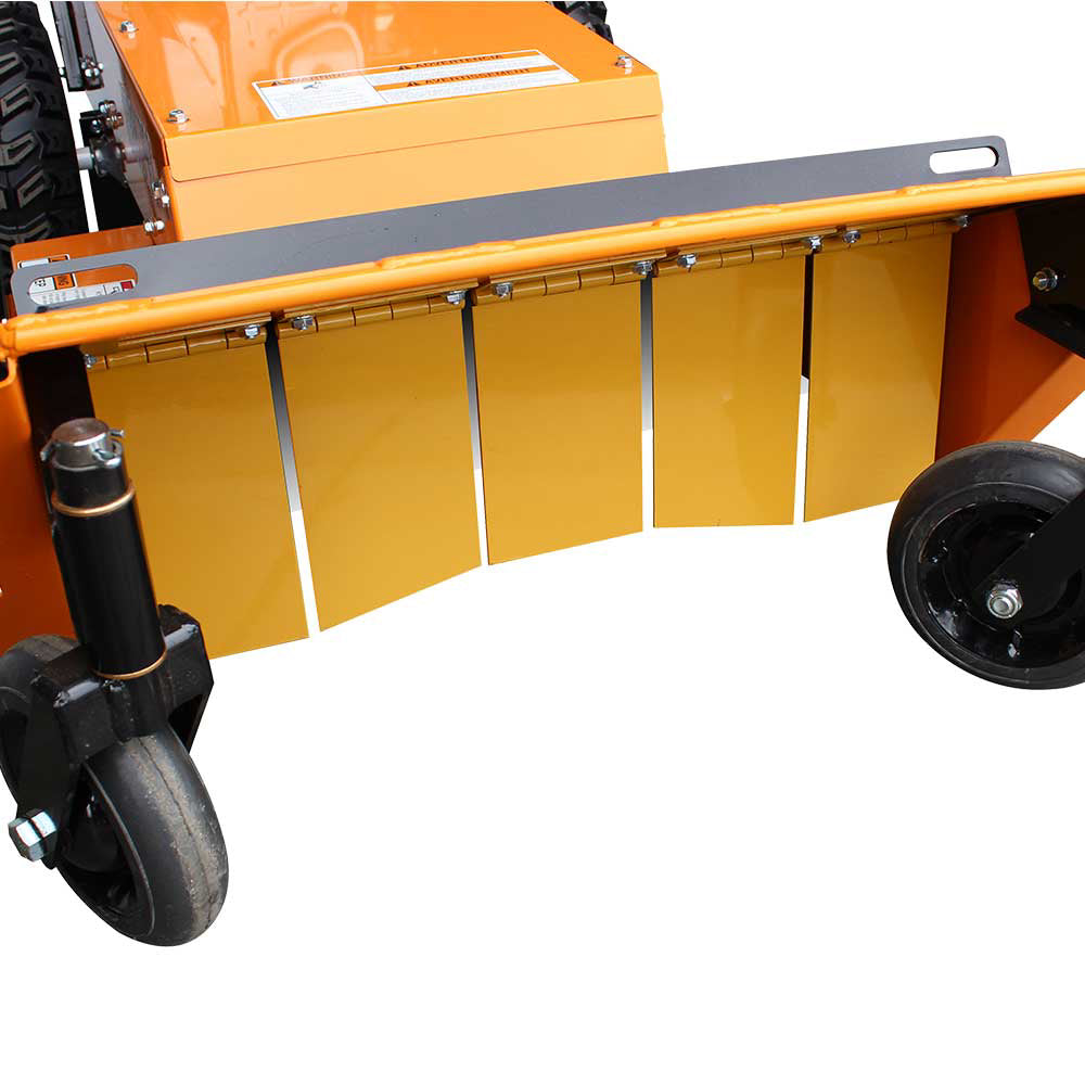 A close-up view of the right rear wheel of the Brave 26-inch brush cutter, highlighting the heavy-duty tread pattern